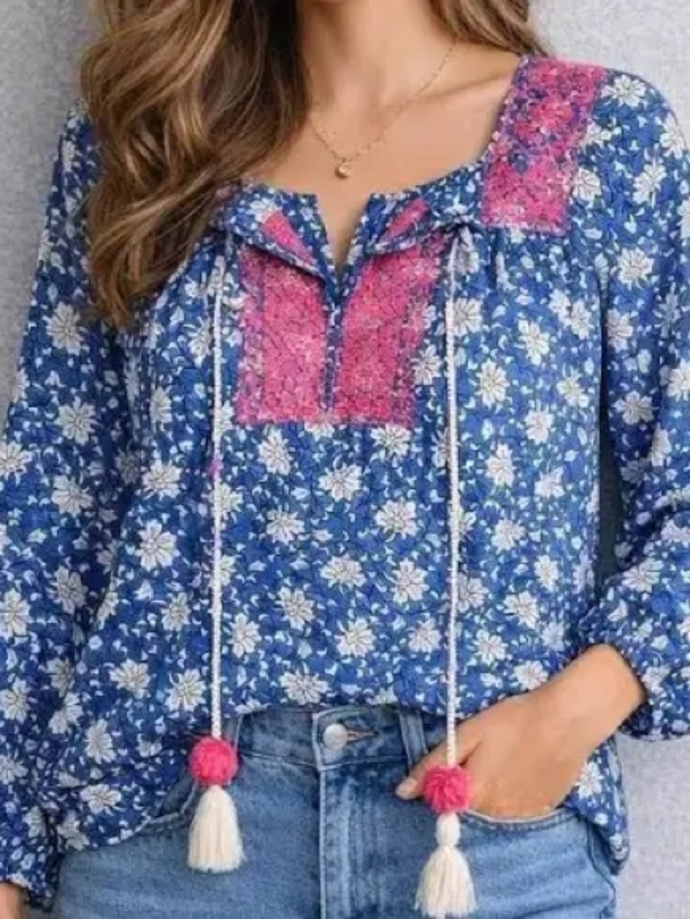 J. Crew Blue Floral Peasant Top with Pink Embroidered Yoke small